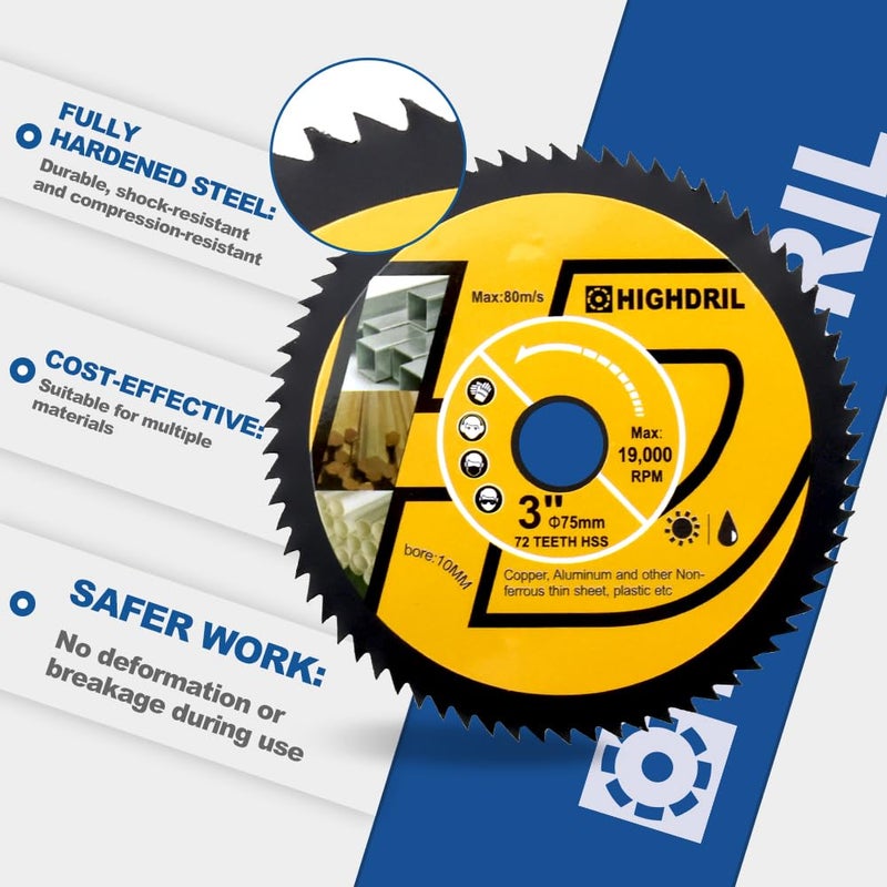 HIGHDRIL HSS Metal Blade 3" 75mm x Arbor 3/8" 10mm - 4pcs Angle Grinder Cutting Disc for Cutting Copper Aluminum Plastic Soft Metal - Image 3